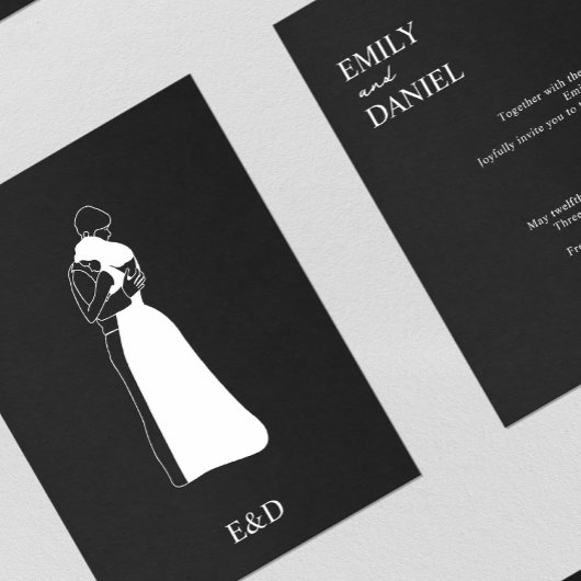 白黒の手モダン引きカップル結婚ズ 招待状