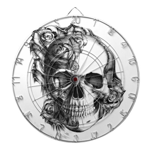 白黒の手描きのばら色のスカル。 ダーツボード (正面)