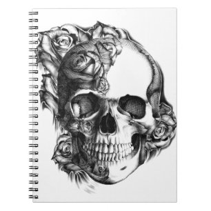 白黒の手描きのばら色のスカル。 ノートブック