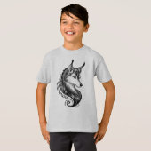 白黒の手描きのオオカミ男の子のTシャツ Tシャツ (正面フル)