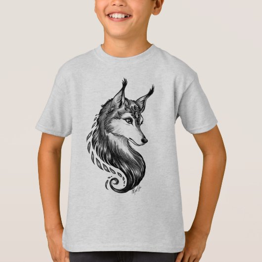 白黒の手描きのオオカミ男の子のTシャツ Tシャツ (正面)