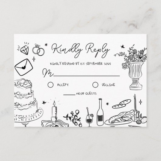 白黒の手描きウェディングお洒落RSVP エンクロージャーカード (正面)