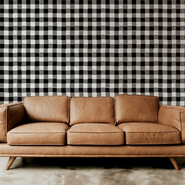 白黒の手描きバッファローチェックプレイド 壁紙 (Classic black and white hand-drawn buffalo check plaid modern peel and stick wallpaper.)