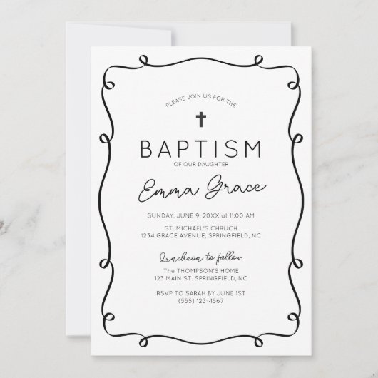 白黒の手描きバプテスマ招待状 招待状 (正面)