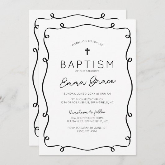 白黒の手描きバプテスマ招待状 招待状 (正面/裏面)