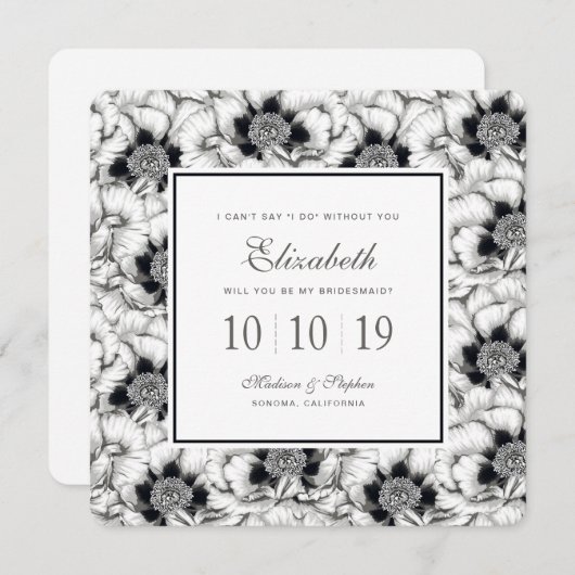 白黒の手描きフローラ-ブライドメイド 招待状 (正面/裏面)