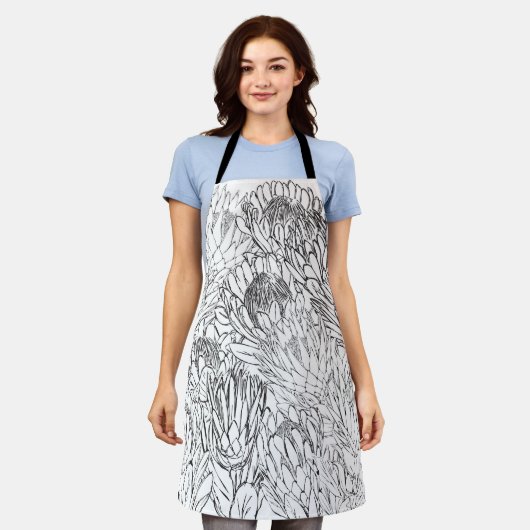 白黒の手描きプロテアエプロン エプロン (着用した状態)