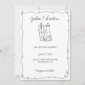 白黒の手描き新郎新婦結婚ズ 招待状 (正面)