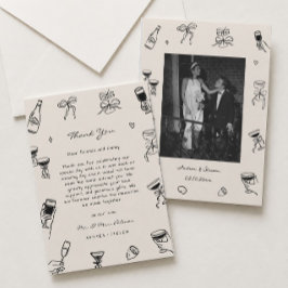 白黒の手描き結婚式の写真 サンキューカード
