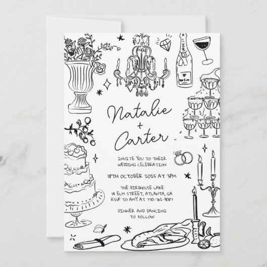 白黒の手書きお洒落結婚の 招待状 (正面)