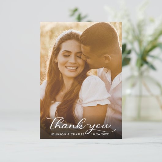 白黒の手書きスクリプト結婚の写真 サンキューカード (スタンド正面)