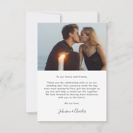 白黒の手書きスクリプト結婚の写真 サンキューカード (裏面)