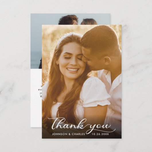 白黒の手書きスクリプト結婚の写真 サンキューカード (正面/裏面)