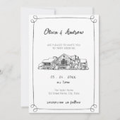 白黒の手書きスケッチ会場結婚の 招待状 (正面)