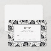 白黒の手書きフローラ – ウェディングRSVP 出欠カード (正面/裏面)