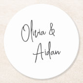 白黒の手書きモダンスクリプ結婚ト ラウンドペーパーコースター (正面)