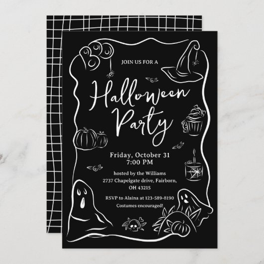 白黒の手書き予測できなハローウィンパーティ 招待状 (正面/裏面)