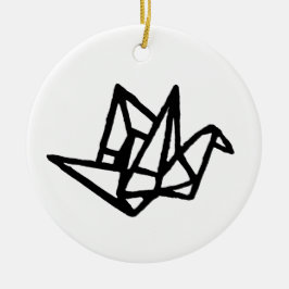 白黒の折り紙クレーンリノカット セラミックオーナメント