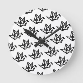 白黒の折り紙クレーンリノカット ラウンド壁時計