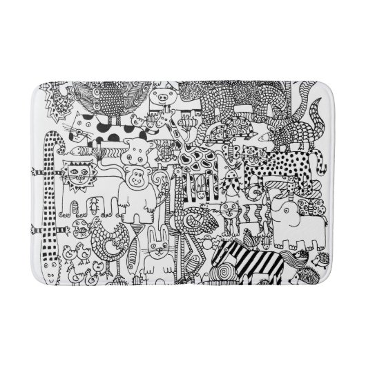 白黒の描かれた野生動物の手描き バスマット (正面)