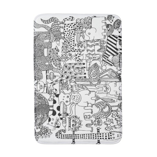 白黒の描かれた野生動物の手描き バスマット (正面縦)