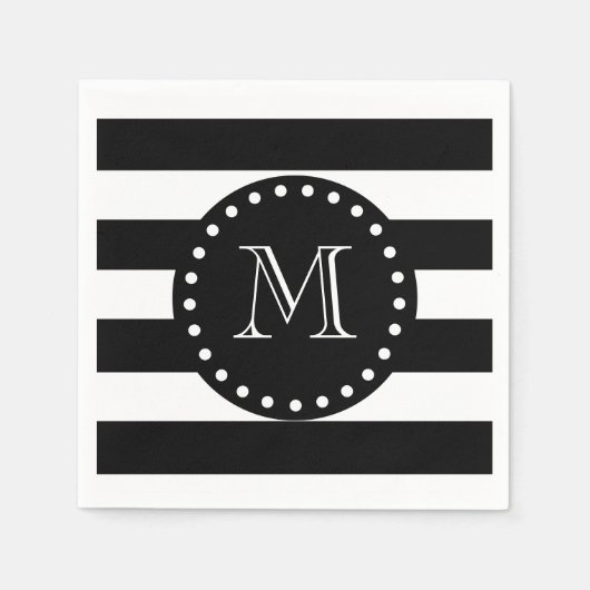 白黒の文字パタストライプーン、黒モノグラム スタンダードカクテルナプキン (正面)