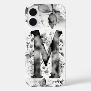白黒の文字Mエレガントフローラ水色 iPhone 16ケース
