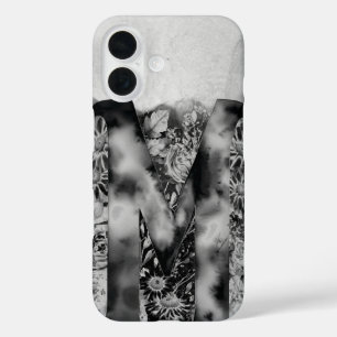 白黒の文字Mトリップ（幻覚体験）のようなフローラ水色 iPhone 16ケース