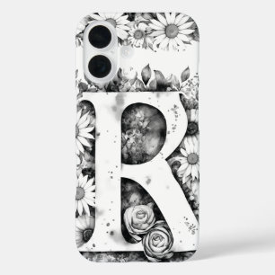 白黒の文字Rエレガントフローラ水色 iPhone 16ケース