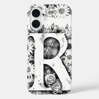 白黒の文字Rエレガントフローラ水色 iPhone 16ケース