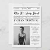 白黒の新聞風楽しい写真 30歳の誕生日 招待状 (正面)