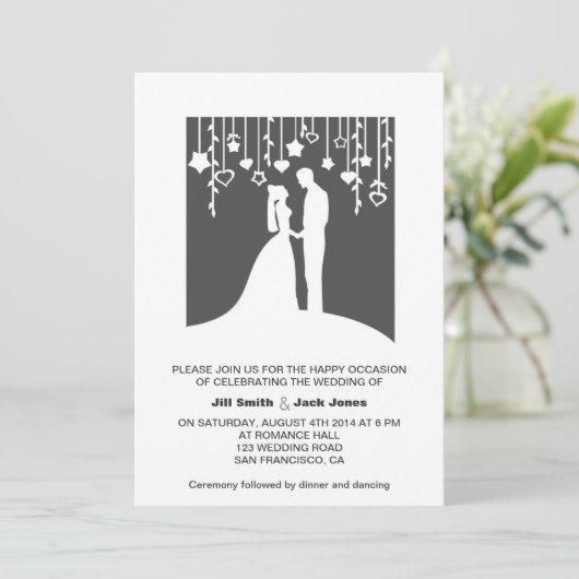 白黒の新郎新婦の紙切り取り 招待状 (スタンド正面)