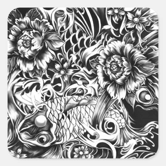 白黒の日本のコイタトゥーアート。 スクエアシール (正面)