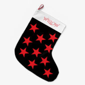 白黒の星模様モノグラムモダン ラージクリスマスストッキング (正面 (吊り時))