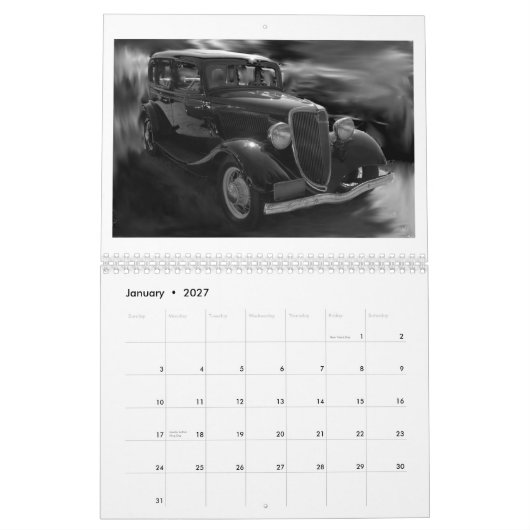 白黒の昨日の2012台の車 カレンダー (1月 2027)