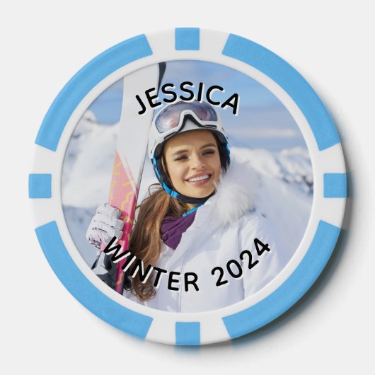 白黒の曲線の文字家族の写真 ポーカーチップ (正面)