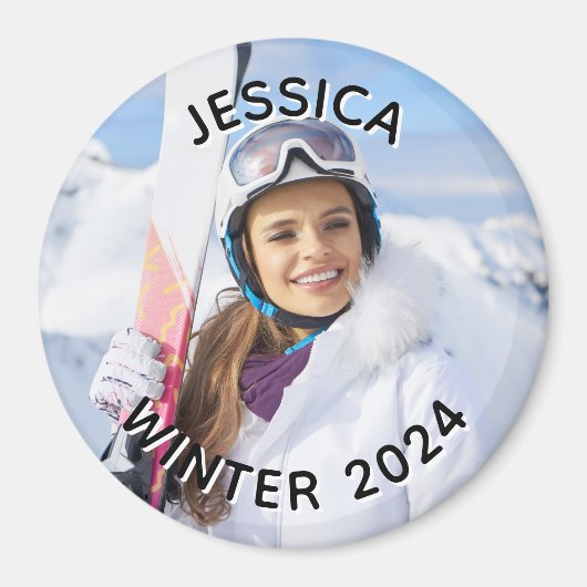 白黒の曲線の文字家族の写真 マグネット (正面)