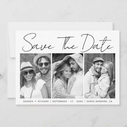 白黒の書跡3枚の写真コラージュ セーブザデート (正面)