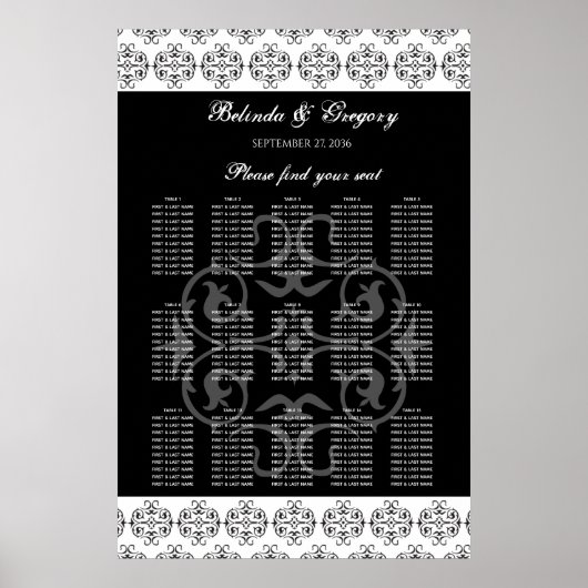 白黒の書道の結婚座席表 ポスター (正面)