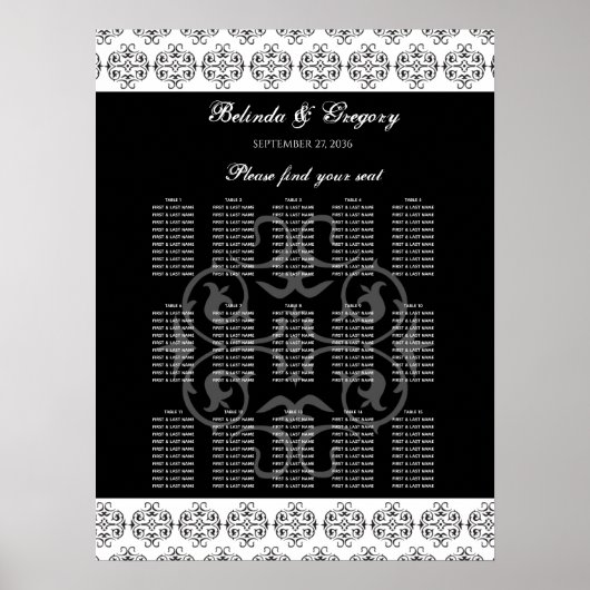 白黒の書道の結婚座席表 ポスター (正面)