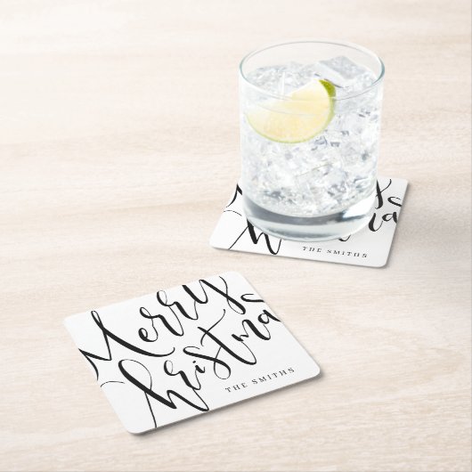 白黒の書道メリーシンプルクリスマス スクエアペーパーコースター (インサイチュ)