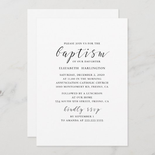 白黒の書道モダンのシンプル洗礼 招待状 (正面/裏面)