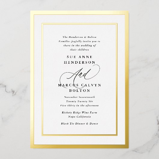 白黒の書道モダンフォイル結婚ズ 箔招待状 (正面)