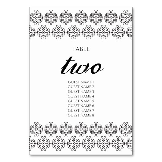 白黒の書道ヴィンテージダマスコウェディング テーブルナンバー (正面)