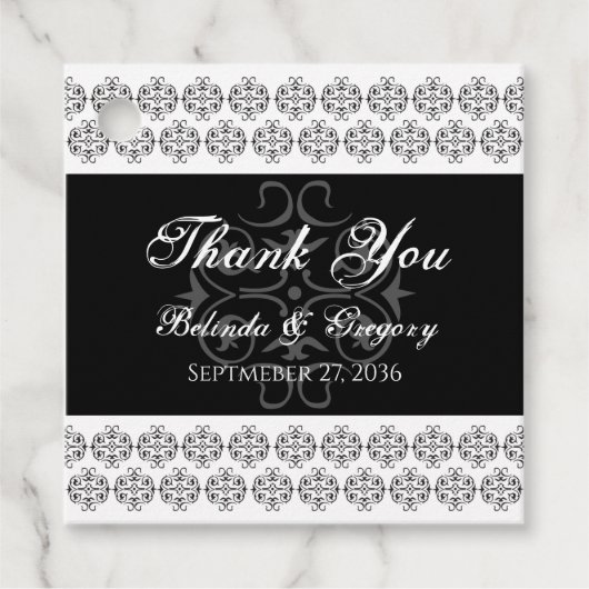 白黒の書道ヴィンテージダマスコウェディング フェイバータグ (正面)