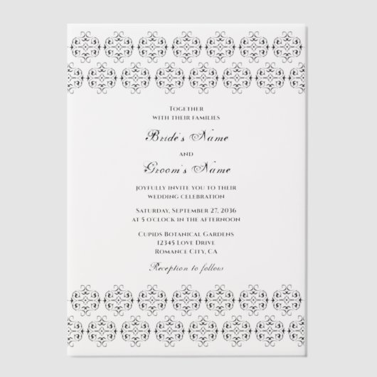 白黒の書道ヴィンテージダマスコウェディング ベラム紙招待状 (正面)