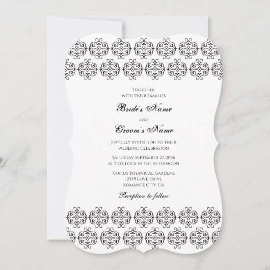 白黒の書道ヴィンテージダマスコウェディング 招待状 (正面)