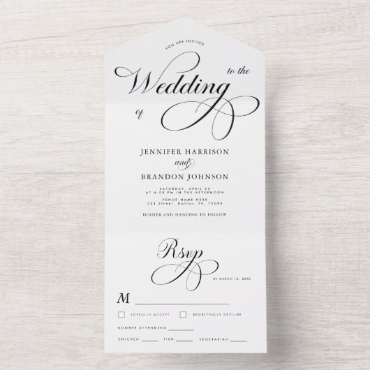 白黒の書道伝統的結婚の オールインワン招待状 (内側)