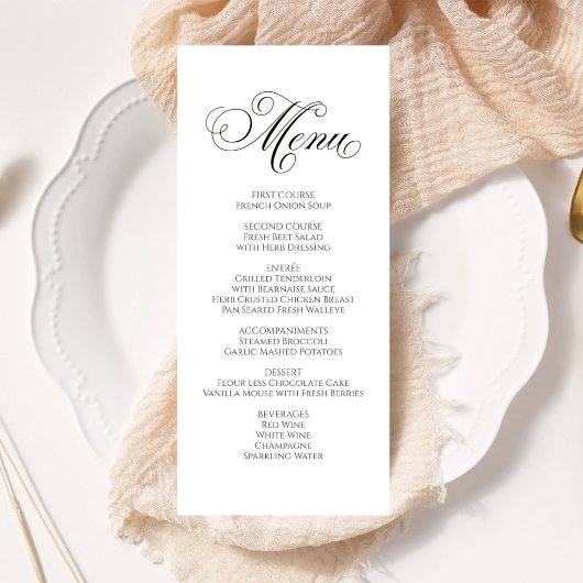 白黒の書道結婚ディナーメニュー メニュー