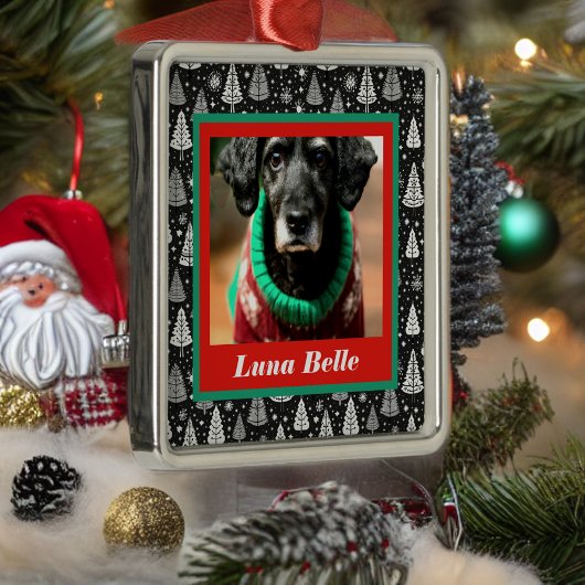 白黒の木で囲まれたペットの写真と名前 メタルオーナメント